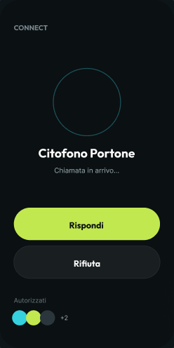 Schermata dell'app OmnyQR con una chiamata in arrivo dal citofono del portone