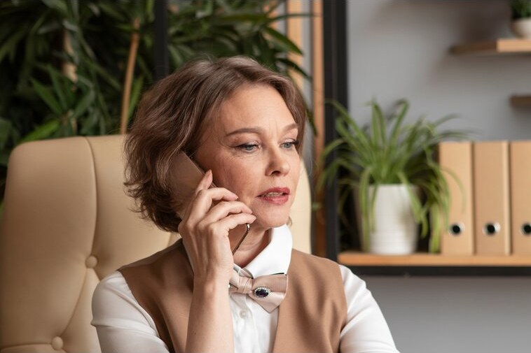 Una donna alla scrivania risponde al telefono