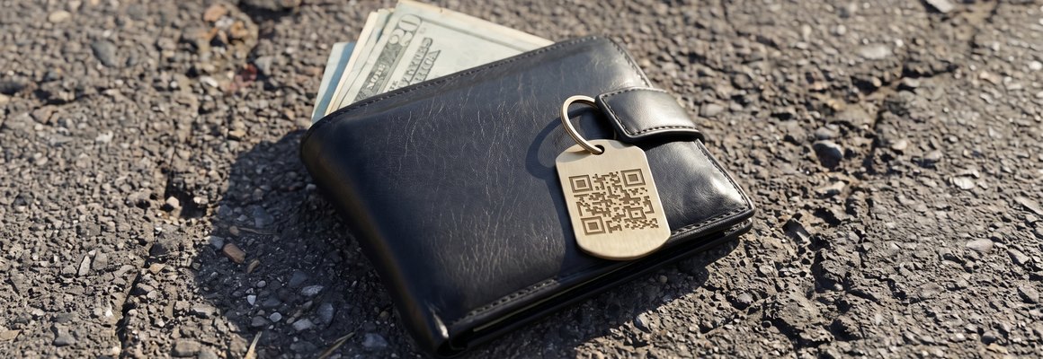Un portafoglio con targhetta QR caduto sull'asfalto
